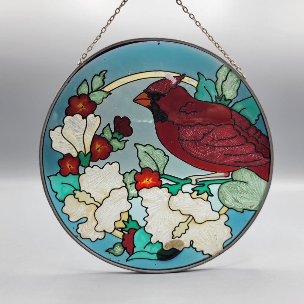 Handpainted Joan Baker Designs Stained Glass Cardinal & Flowers Suncatcher